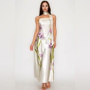 NWT Her Bottari Ivory Strapless Satin Dress with Floral Design and Neck Tie